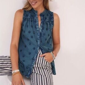 Sleeveless Embroidered Chambray Top - Teal Blue